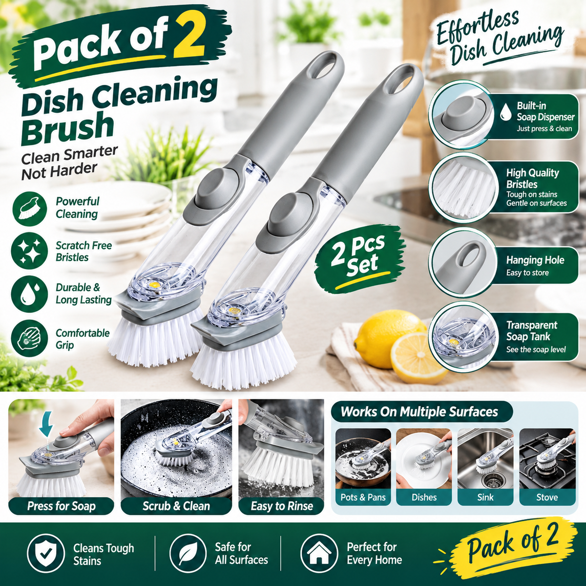 Kitchen Cleaning Scrubber Brush for Dishes (Pack of 2)