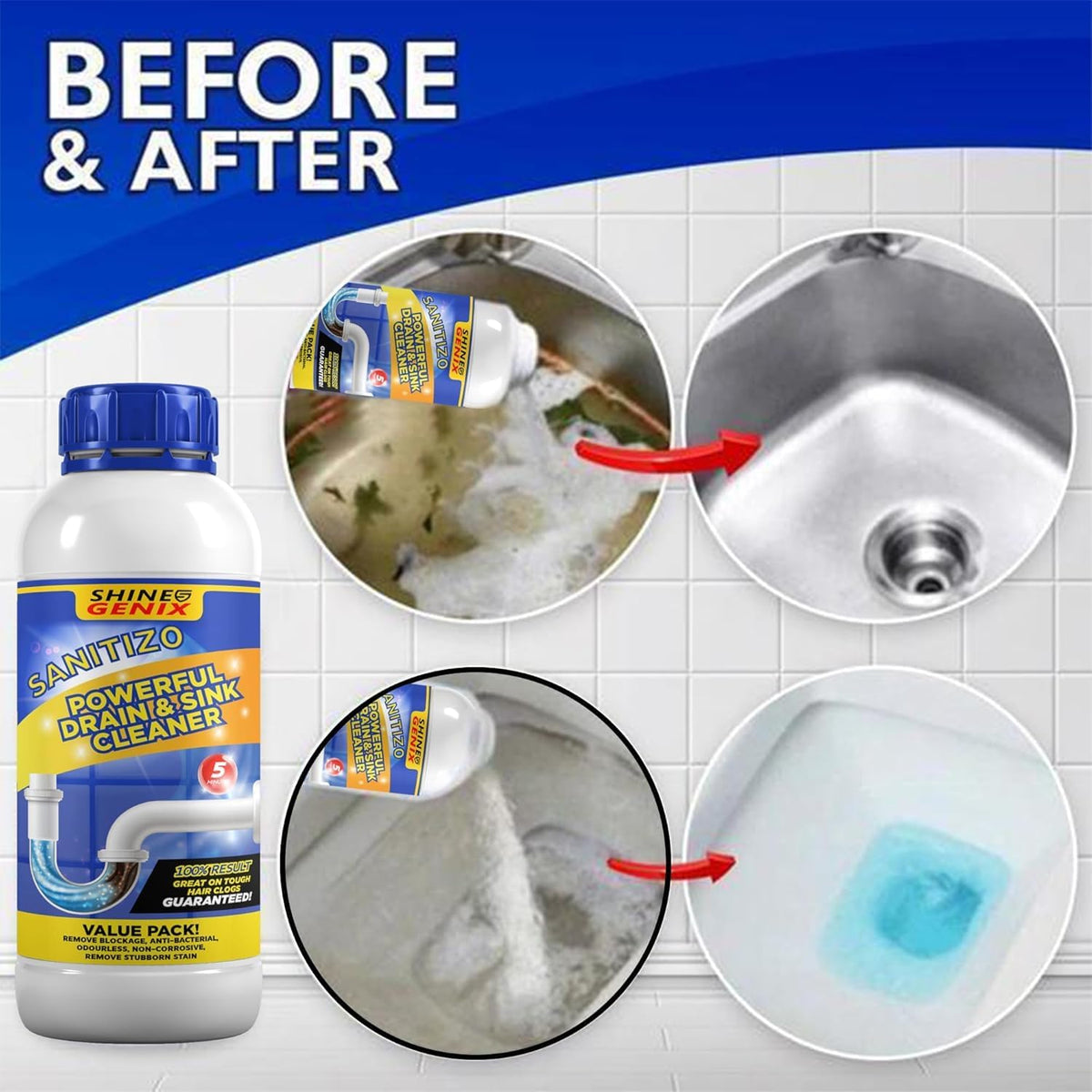 Sanitizo Powerful Drain & Sink Cleaner Powder 100 gm Each(Pack of 4)